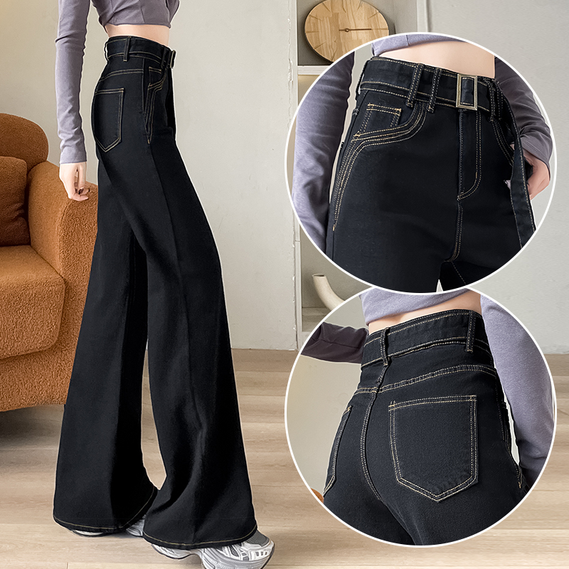 黑金色宽版喇叭裤弹力阔腿牛仔裤