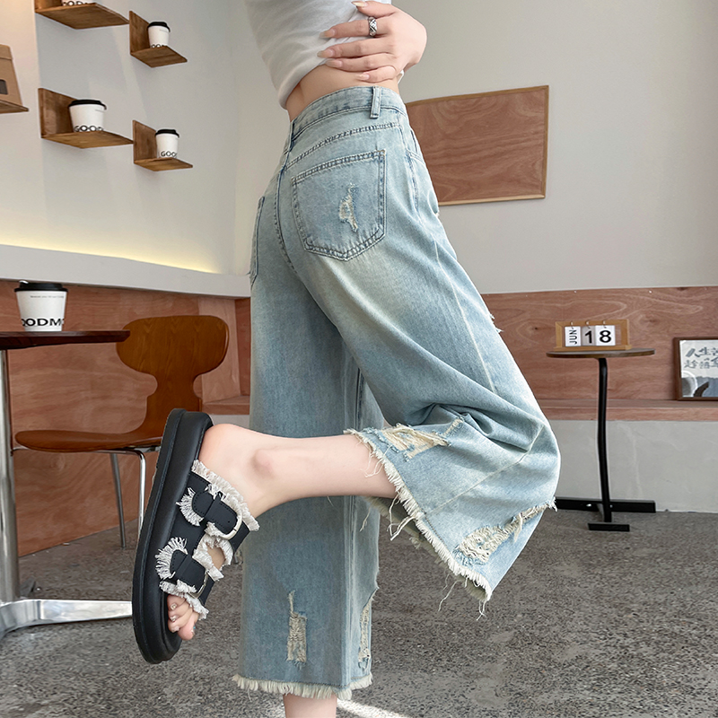 怀旧蓝毛边破洞阔腿牛仔裤女2025夏季薄款设计感小众遮肉直筒裤子