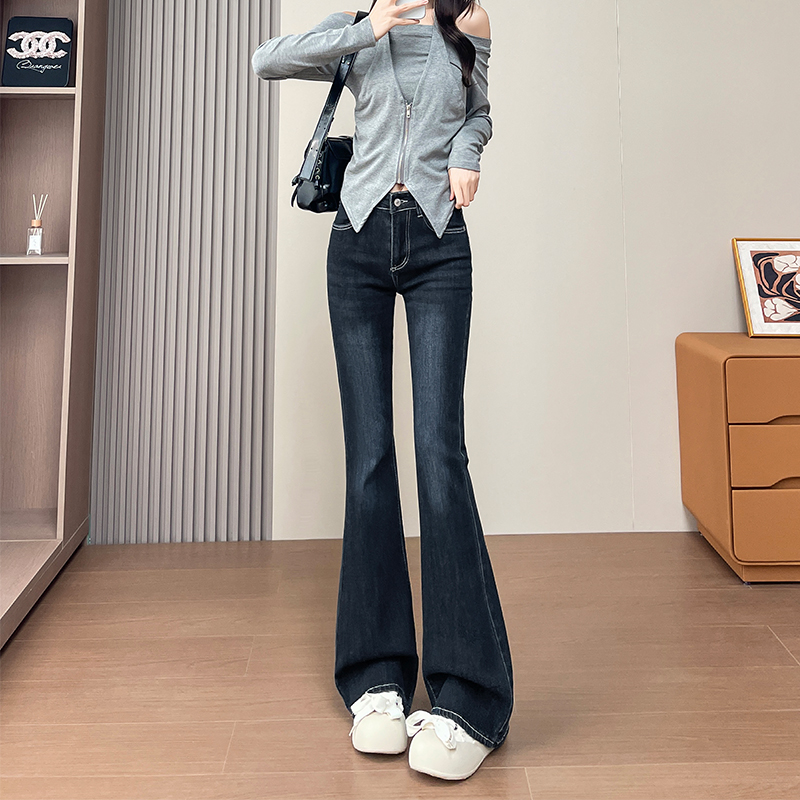 提臀修身微喇叭牛仔裤女复古长裤
