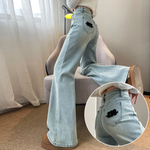 女刺繡微喇拖地褲 2025夏季 流行風格 淺色寬松彈力喇叭闊腿牛仔褲 子