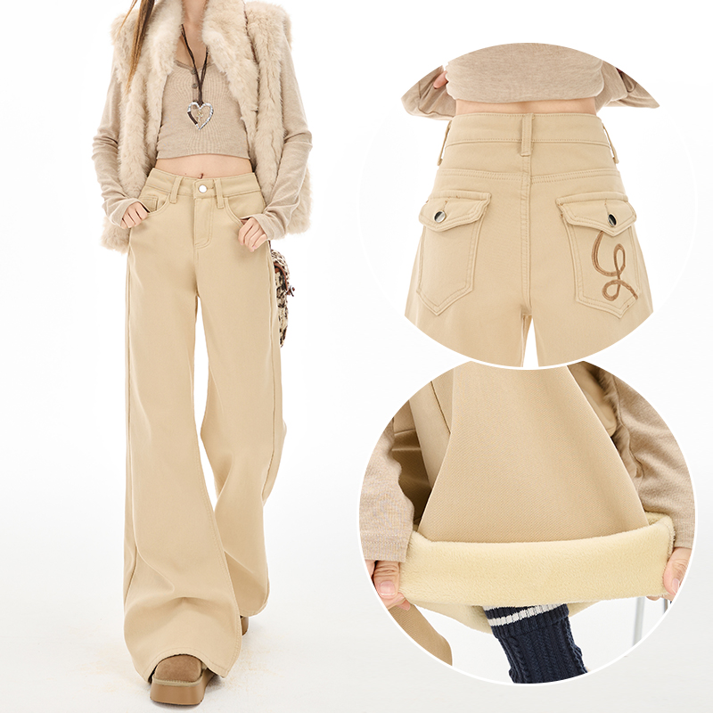 杏色美式加绒微喇牛仔裤女2025冬季加厚新款弹力不沾腿刺绣喇叭裤