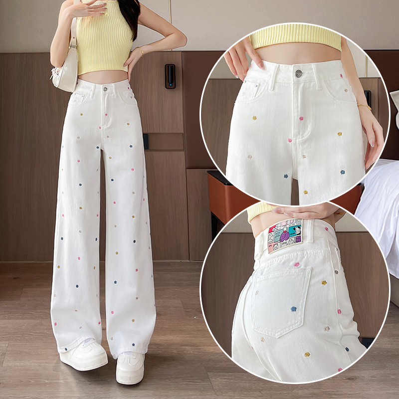 超好看白色刺绣直筒牛仔裤女裤子