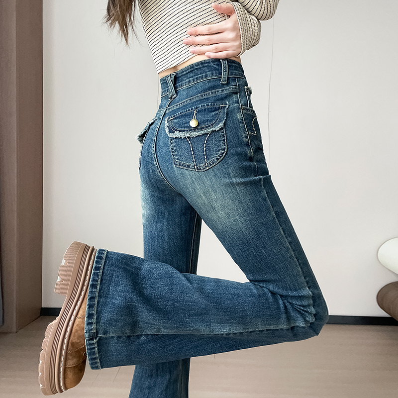 复古毛边刺绣口袋设计感微喇牛仔裤女冬季修身提臀加绒裤子喇叭裤