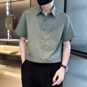 夏季轻熟店主小伙纯色宽松休闲短袖衬衫男衬衣A236-C02-P45-控69图片
