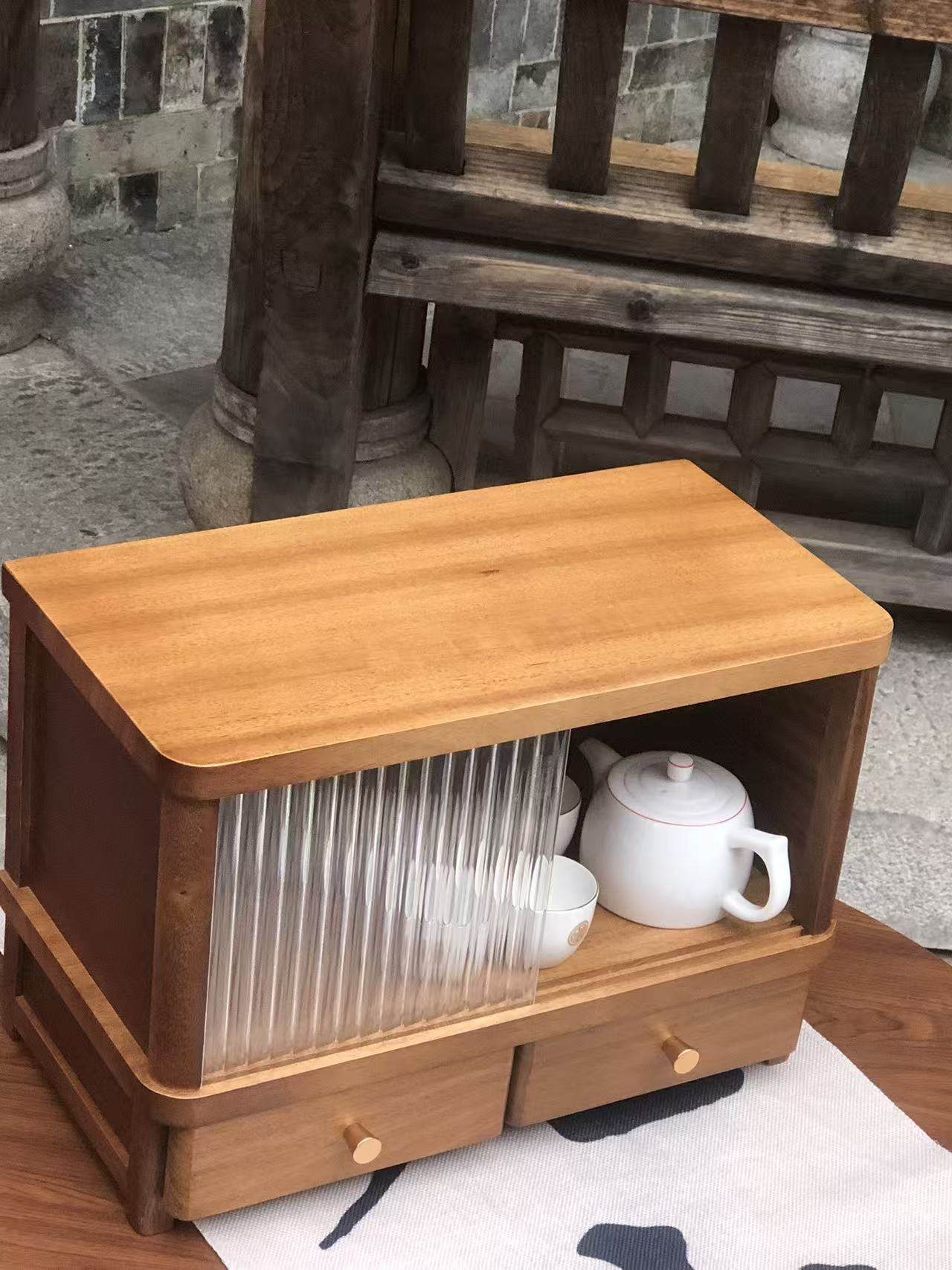 南美胡桃木茶具茶杯收纳柜桌面收纳展示柜带抽屉复古家用办公实木,收纳整理,整理架/置物架/收纳架,淘宝优惠券,粉丝福利购,淘宝优惠卷