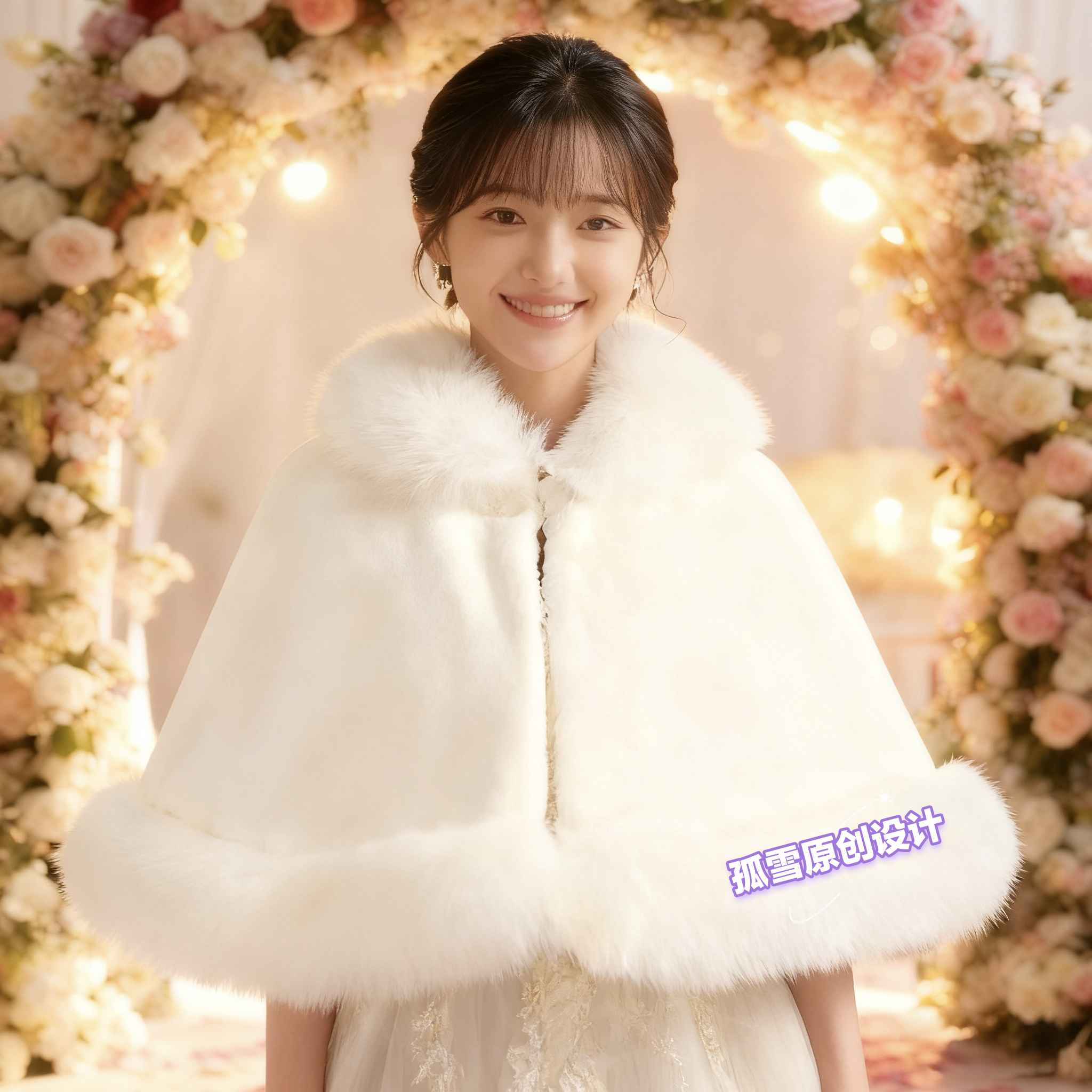 披肩斗篷新娘结婚毛秋冬婚纱伴娘礼服旗袍披风大码皮草外套搭白色