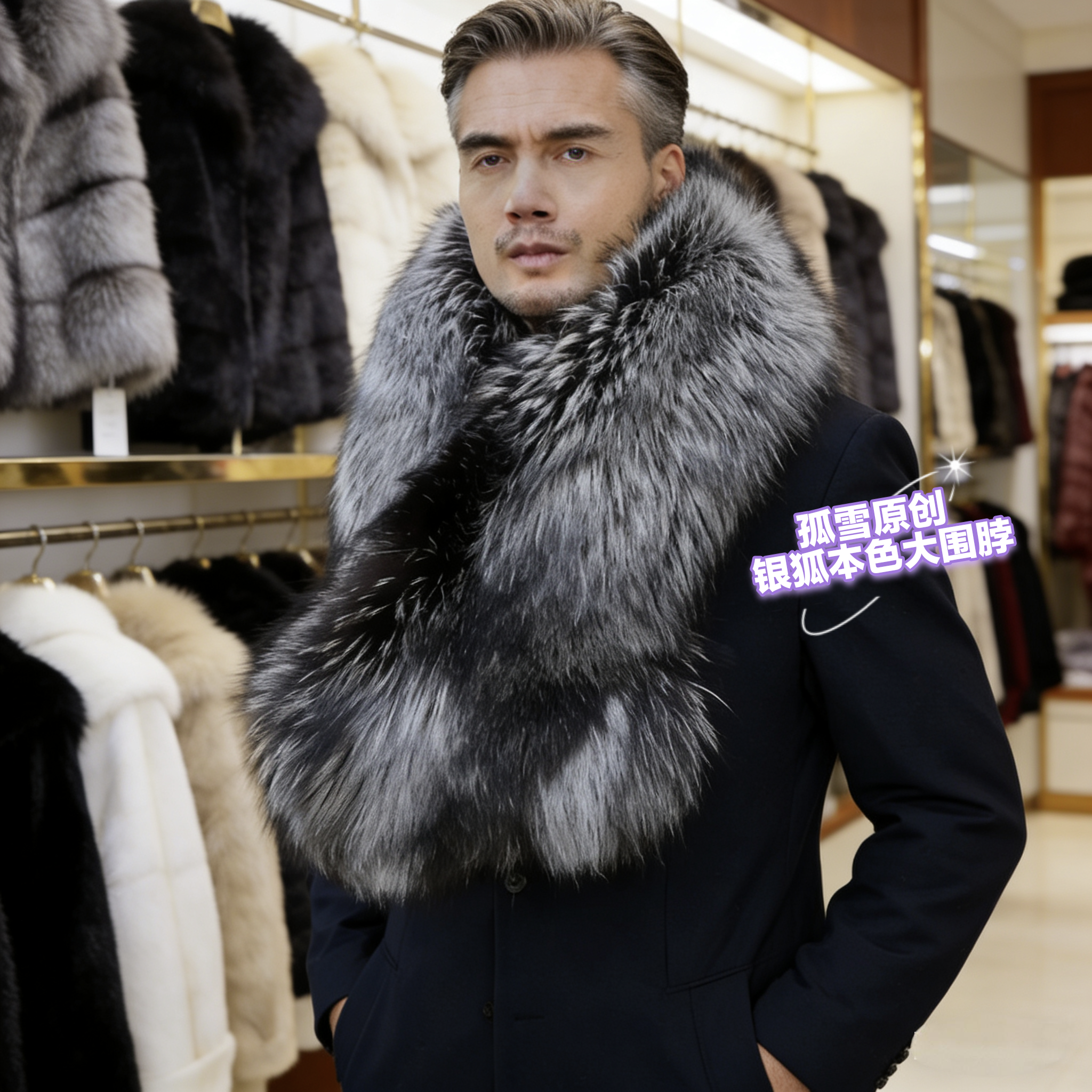 男士大气环保狐狸毛披肩银狐加长围巾皮草大围脖霸气裘皮保暖毛领