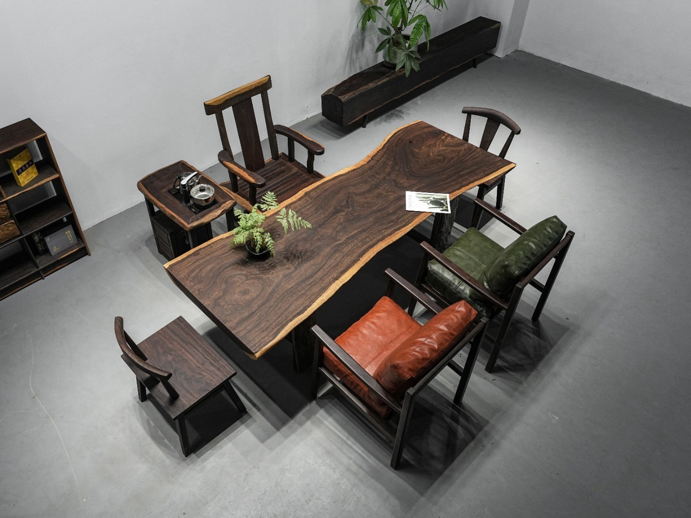 黑檀实木冲砂大板桌原木茶桌茶台茶室组合茶桌椅茶空间侘寂大板桌