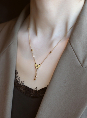 ZOXI轻奢小众磨砂蝴蝶流苏项链女