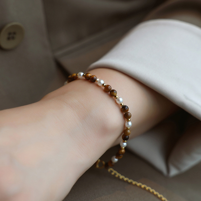 ZOXI高颜值的叠戴虎眼石珍珠手链