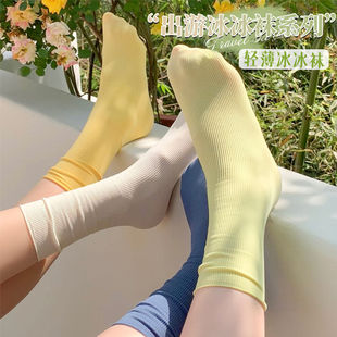 薄款 冰冰袜子女中筒袜夏季 ins潮网红白色天鹅绒冰丝春夏长堆堆袜