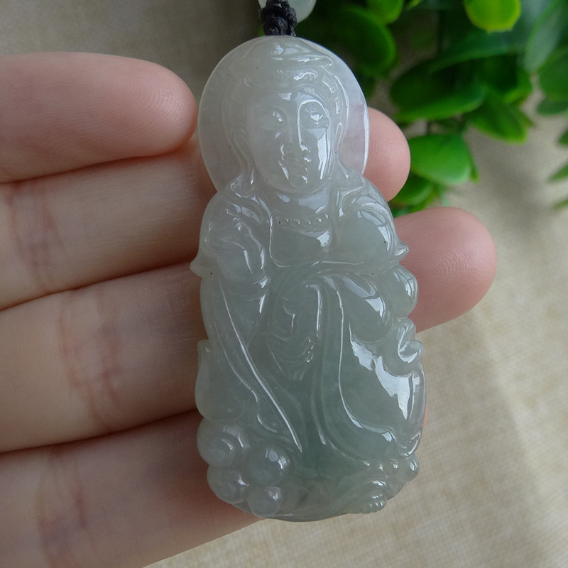 翡翠观音吊坠 缅甸天然A货玉佩男款挂件颈坠浅绿色站佛平安玉特价