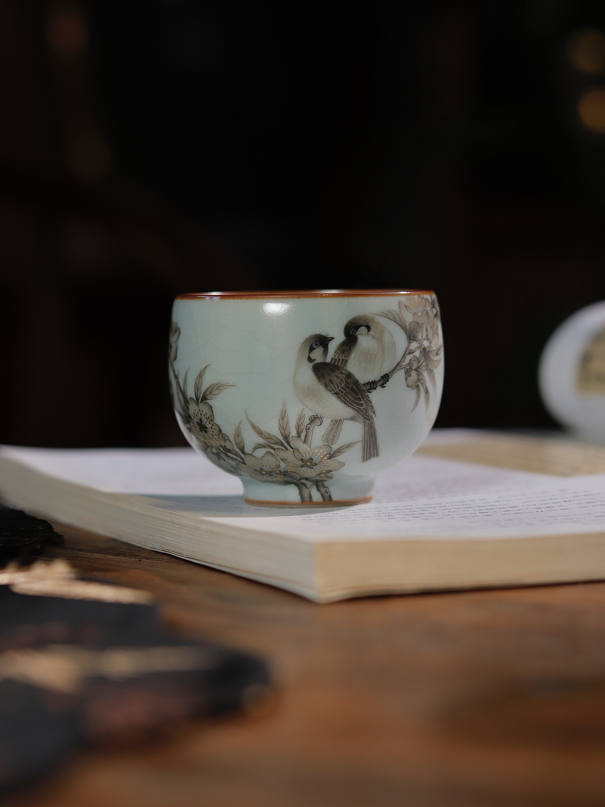 熙物堂手绘汝窑粉青开片宋画墨彩花鸟如是杯高端喝茶主人杯,餐饮具,茶杯,淘宝优惠券,粉丝福利购,淘宝优惠卷