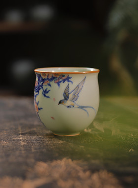 景德镇熙物堂手工汝窑青花斗彩主人杯粉彩花鸟茶具高端一人一杯