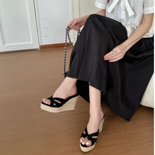 女鞋 2026年新款 欧美休闲一字拖外穿麻绳厚底坡跟防水台凉拖鞋