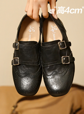 冉言4cm增高版头层牛皮复古雕花扣带牛津乐福单鞋女千金风小皮鞋