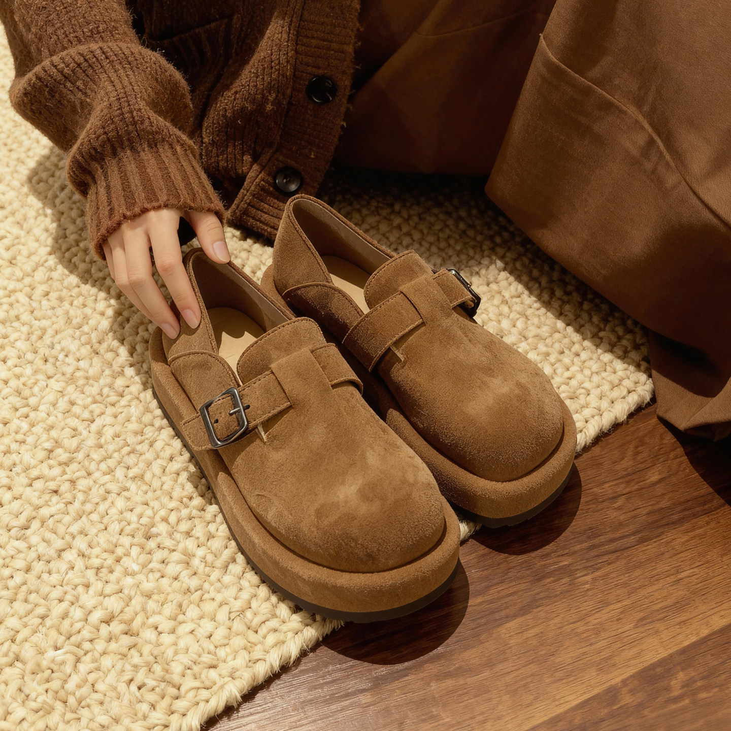 2025真羊皮版~复古厚底反绒皮勃肯单鞋女包头鞋小皮鞋女,女鞋,深口单鞋,淘宝优惠券,粉丝福利购,淘宝优惠卷