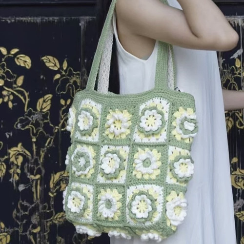 山茶花手工编织单肩手提包包diy材料包毛线钩针祖母格包礼物自制