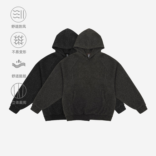 百机550G重磅毛呢连帽卫衣加绒纯色男宽松美式复古上衣女情侣帽衫
