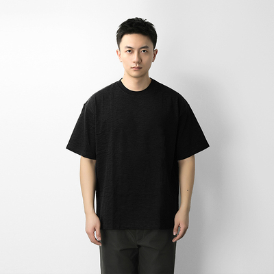 百机320g重磅竹节棉短袖t恤宽松男圆领半袖复古日系纯棉落肩纯色