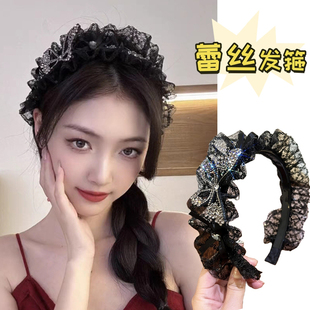 新款 蝴蝶蕾丝发箍宽边高颅顶压发水钻头箍洗脸发卡小香风花朵精致