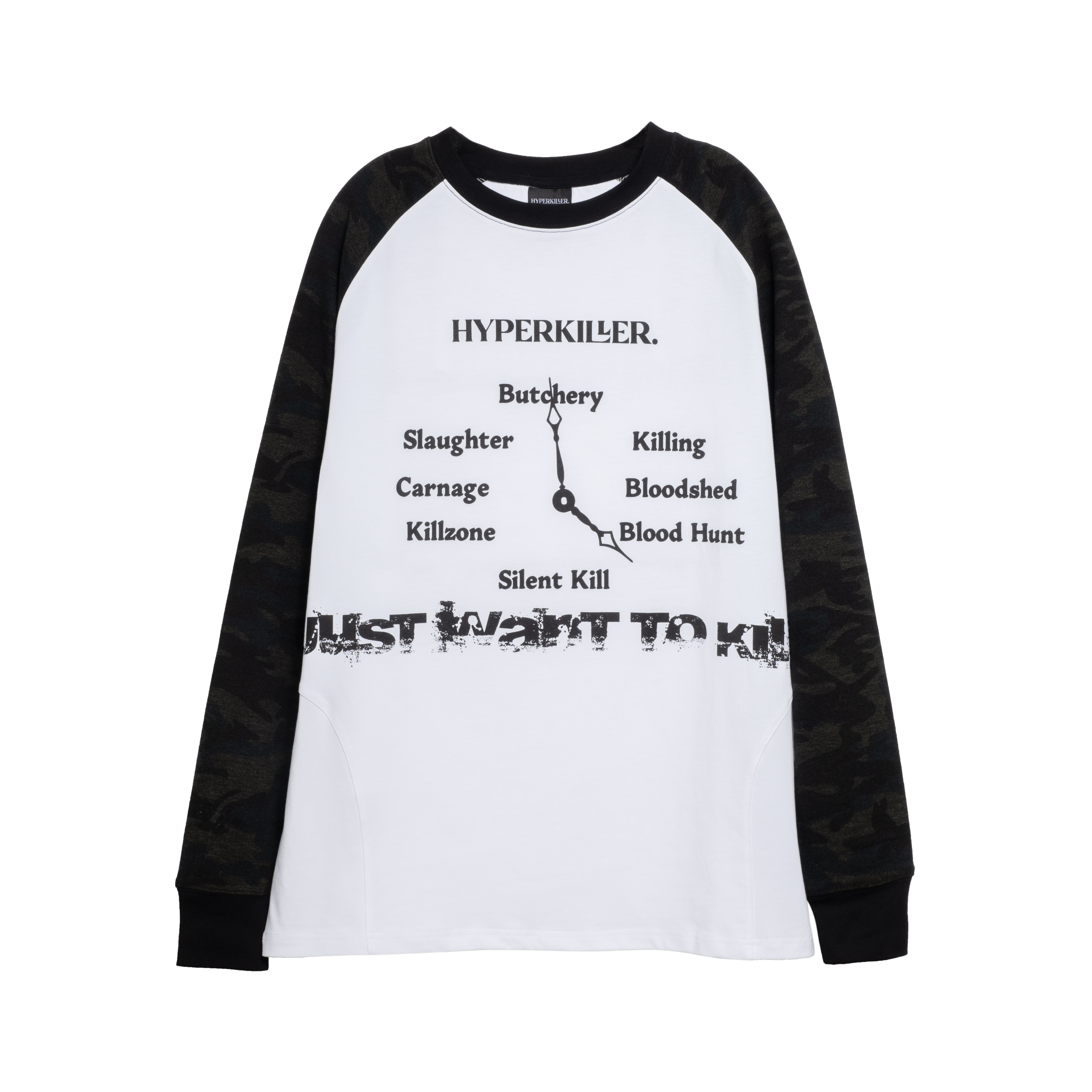 李峙锦HYPERKILLER2025FW迷彩拼接撞色插肩长袖卫衣T恤印花圆领