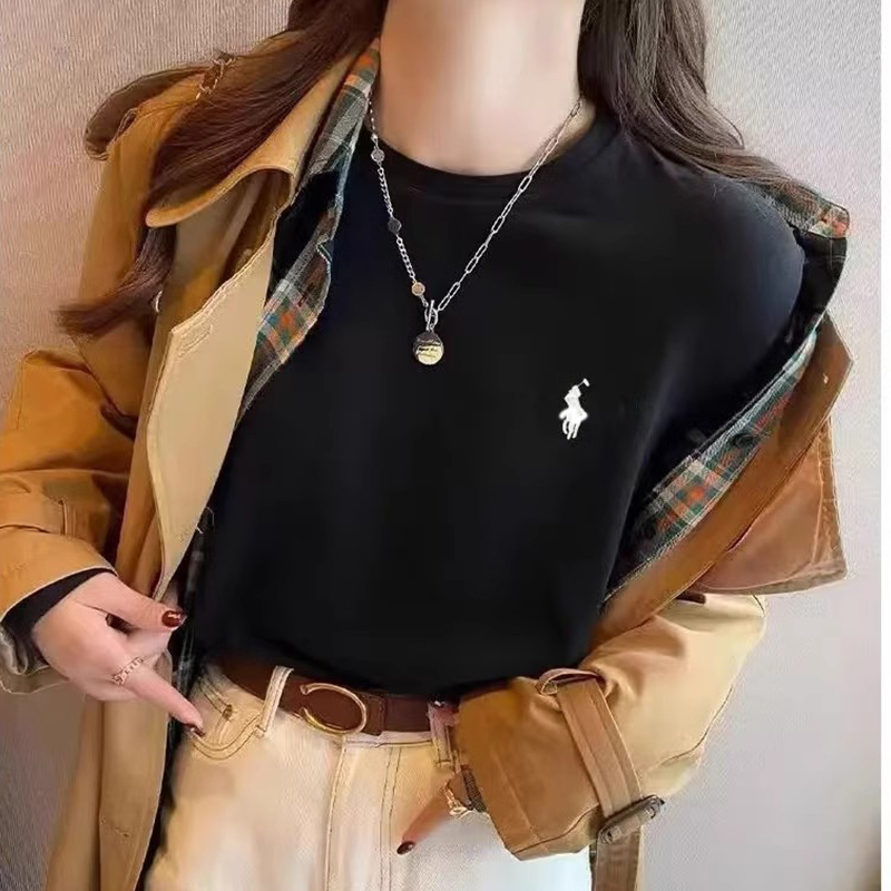 白色小马标绣花LOGO长袖t恤女2025新款春秋款内搭打底衫修身上衣