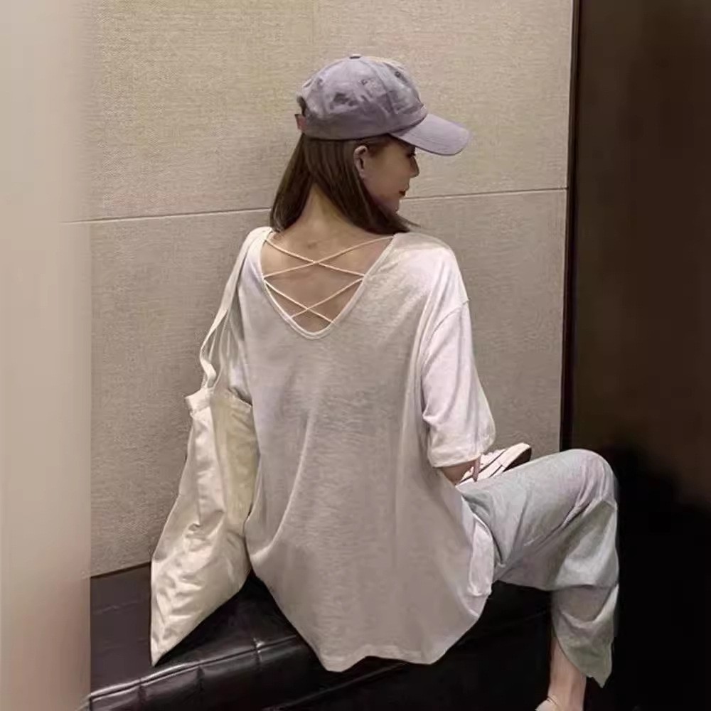 网红心机露背T恤女韩版宽松ins潮