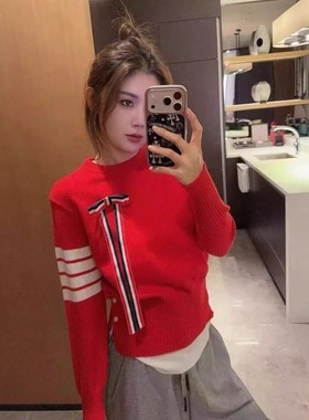 TB四道杠学院风红色针织衫女长袖蝴蝶结套头毛衣内搭上衣2026新款
