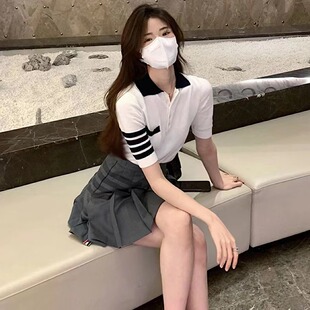 夏季TB背后刺绣小狗四杠翻领polo针织衫女款修身短袖t恤上衣ins潮