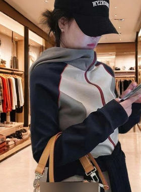 连帽短外套春秋chic新款薄款卫衣女撞色开衫韩版宽松休闲2026新款