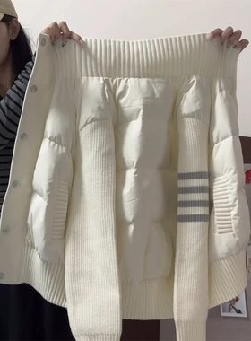 四条杠白色轻薄棉服女2026新款短款针织毛衣拼接保暖外套韩式开衫