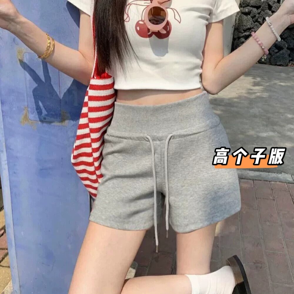 高个子版灰色高腰抽绳休闲短裤女运动辣妹风加长松紧腰防走光2026图片