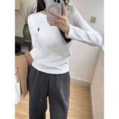 磨毛薄绒秋冬正肩长袖 体恤女打底衫 内搭小马标logo刺绣白色T恤