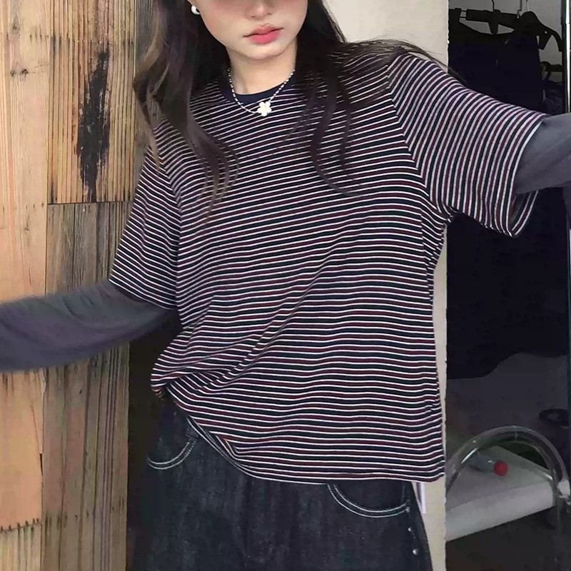 女士打底撞色条纹老钱风慵懒圆领