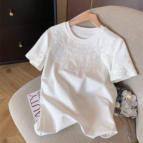2026新款春夏季欧货重磅刺绣圆领短袖T恤显瘦正肩大码内搭上衣女