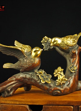 黄铜双喜临门喜鹊摆件喜上眉梢喜鹊登梅花家居工艺装饰新婚礼品