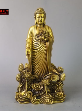 黄铜莲座如来释迦摩尼如来佛祖铜像九莲花站佛家用工艺摆件