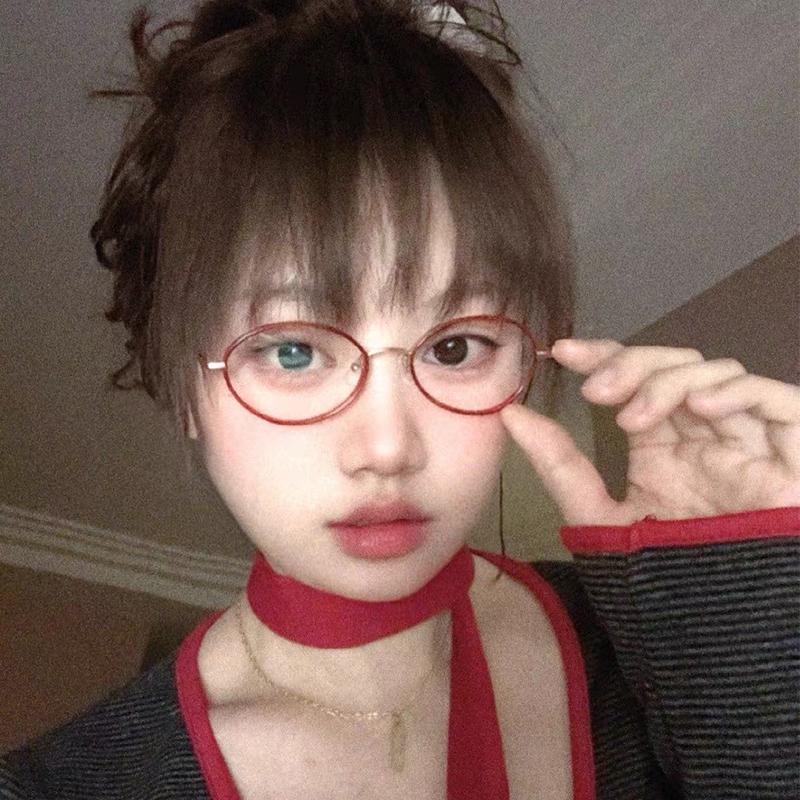 复古半钛波尔多红近视眼镜女可配度数防蓝光素颜椭圆简约框架小脸