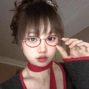 复古半钛波尔多红近视眼镜女可配度数防蓝光素颜椭圆简约框架小脸