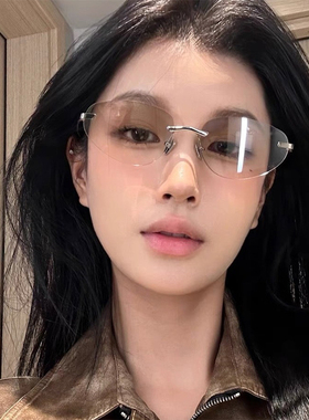 猫眼无边框太阳眼镜女Y2K墨镜