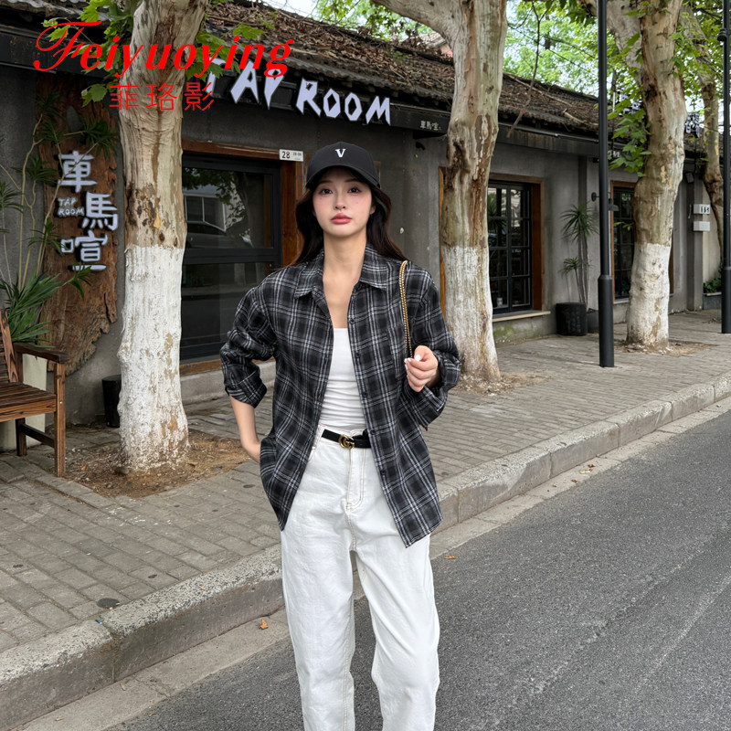 菲珞影早秋新款格子衬衫女设计感慵懒风复古宽松长袖衬衫春秋外套