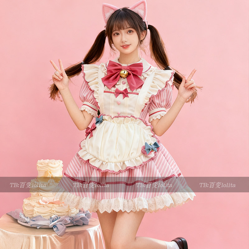 新品粉色女仆花苞裙lolita蝴蝶结可爱日常轻lo娘公主连衣裙洛丽塔