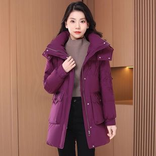 高端时尚紫色羽绒棉服女2025冬季新款宽松连帽中长款保暖外套棉袄