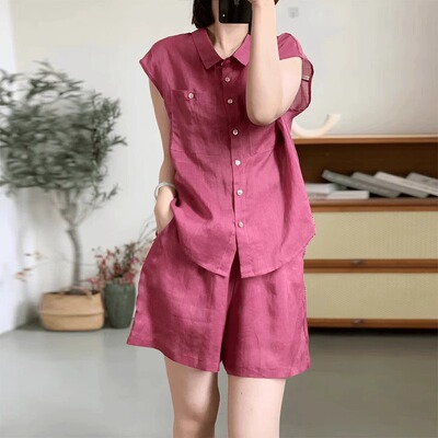 夏季棉麻衬衫套装女遮肉短袖