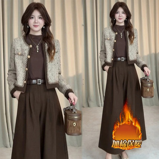 时尚套装女秋冬季新款洋气显瘦小香风夹棉保暖短外套阔腿裤两件套