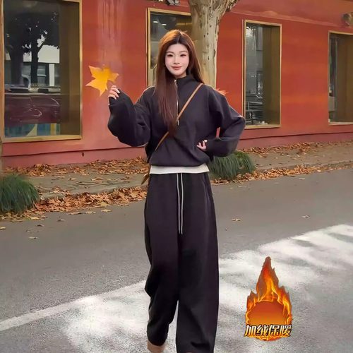 秋冬韩系假两件卫衣阔腿裤两件套