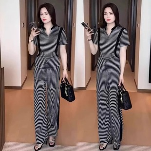 短袖 洋气设计感条纹上衣阔腿裤 套装 新款 休闲两件套 女2025夏季 时尚