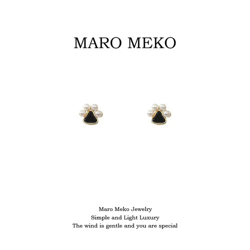 MaroMeko迷你可爱猫爪珍珠耳钉