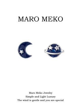 Maro Meko蓝色星星月亮不对称耳钉小巧精致宇宙星球耳饰小众耳夹